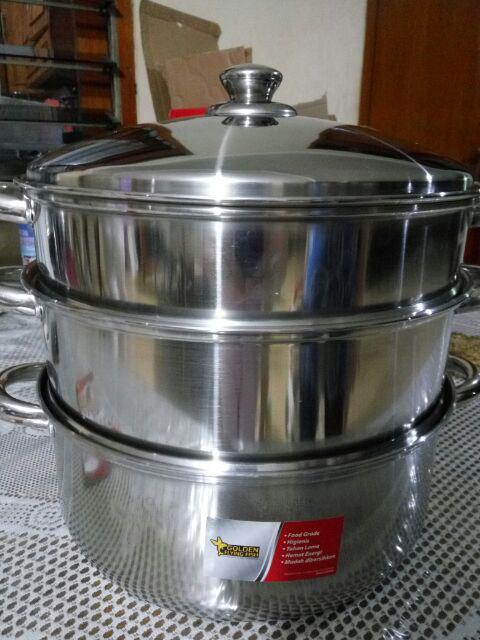 Panci Steamer Serba Guna Kukusan Susun 3 ( 30 Cm ) Stainless Steel
