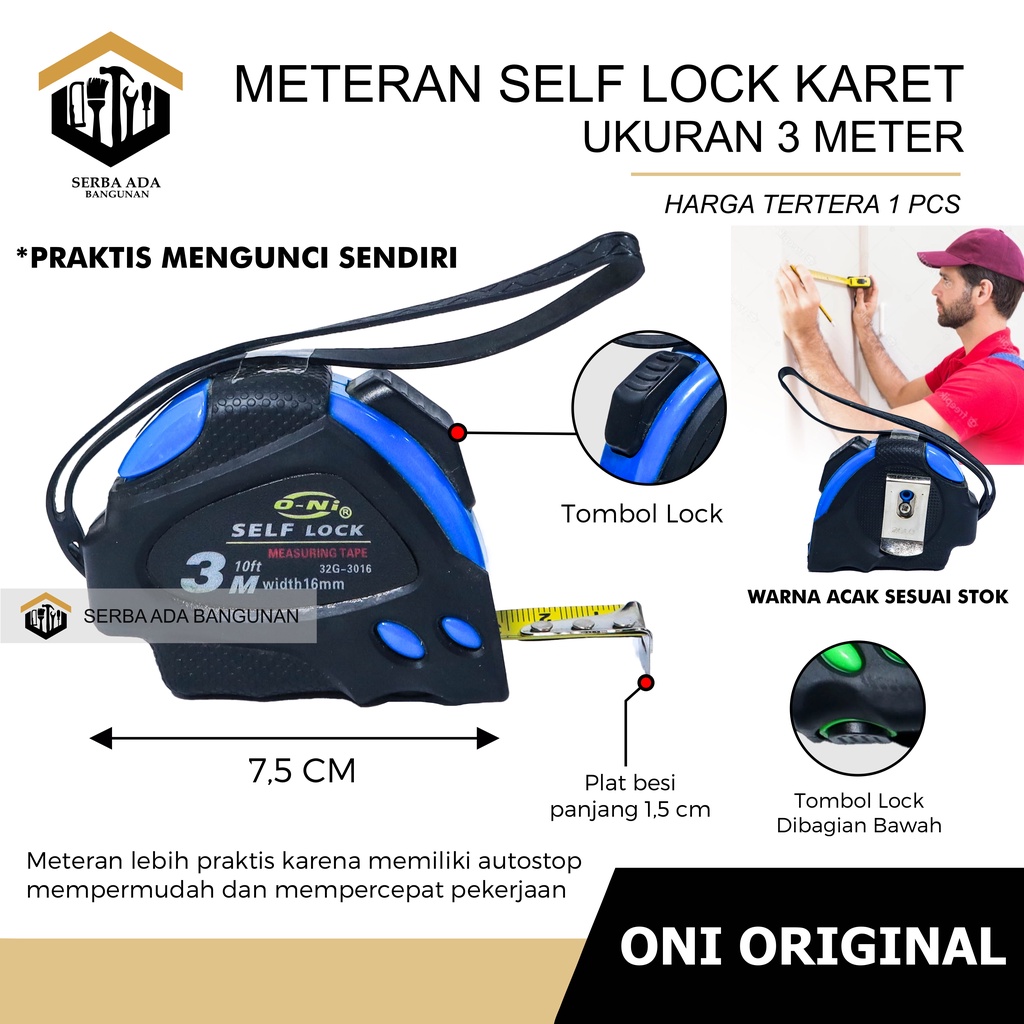 METERAN TANGAN ONI ORIGINAL 100%  SELF LOCK 3 M 5 M 7,5 M Meter Meteran Karet Otomatis Self Lock 10m ONI