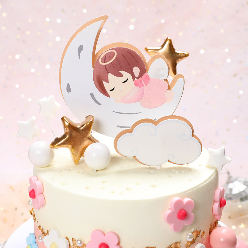 5pcs Topper Kue Desain Angel Moon Baby Dengan Bendera Untuk Dekorasi Pesta Ulang Tahun