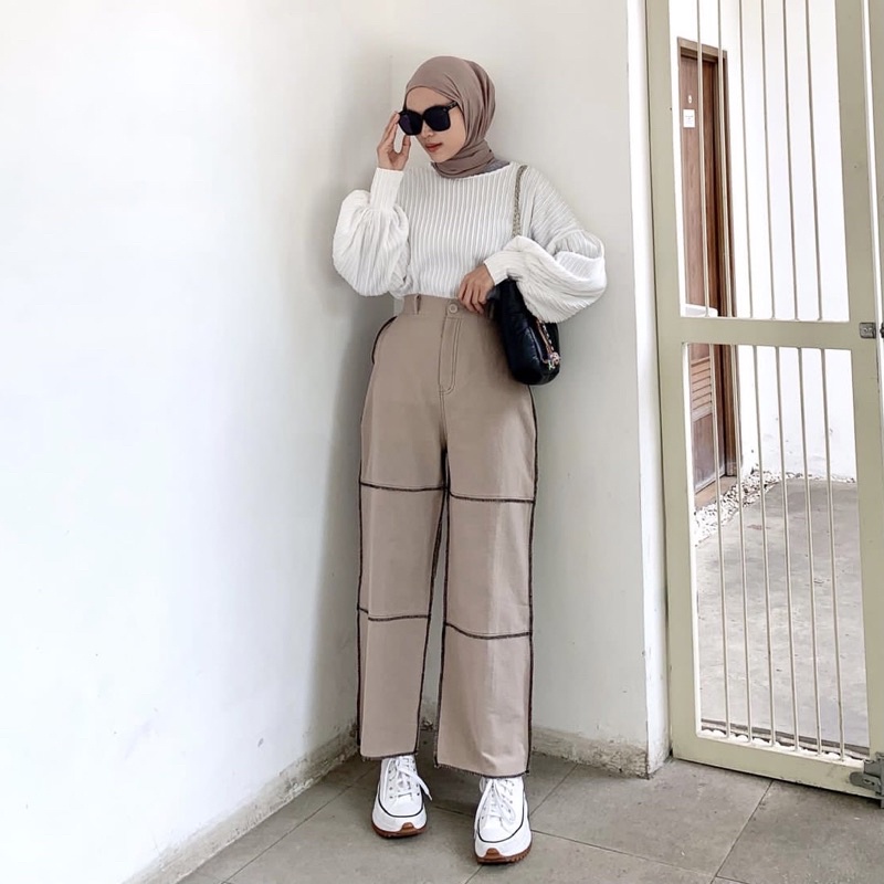 KEYRA PANTS / Celana wanita kulot linen jahit kebalik / Kulot linen highwaist model terbalik