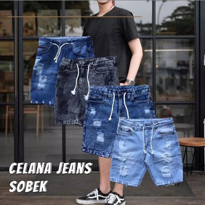 [Bisa COD]Celana Jeans Pendek Sobek Pria Wisker Jeans Pendek Ripped Robek Pria Premium Distro NEW