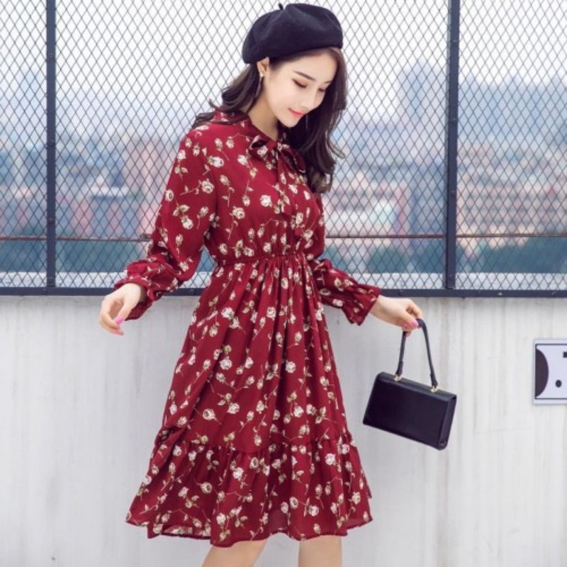 IMPORT Dress Korea lengan panjang motif bunga