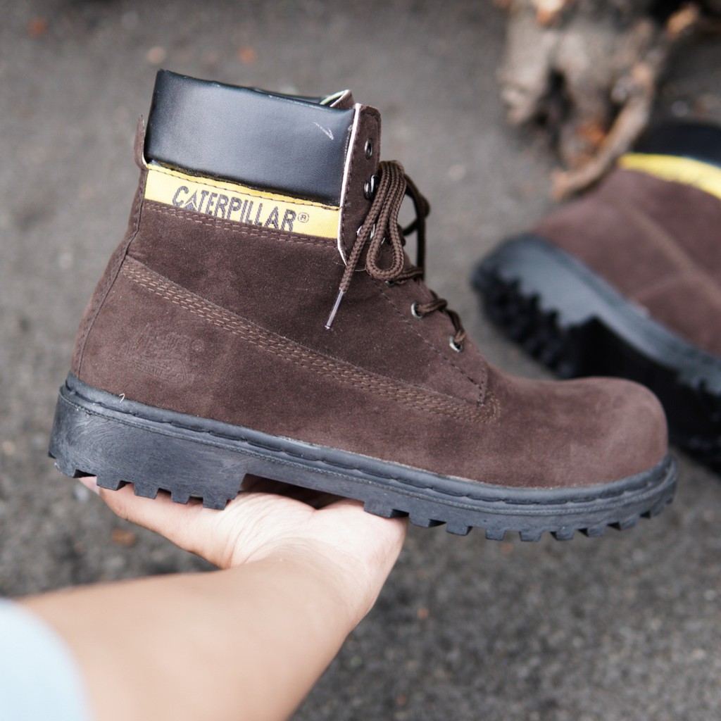 PROMO Sepatu Caterpillar Sby Coklat Boots Safety Suede Ujung Besi Kerja Lapangan Proyek Bots Pria