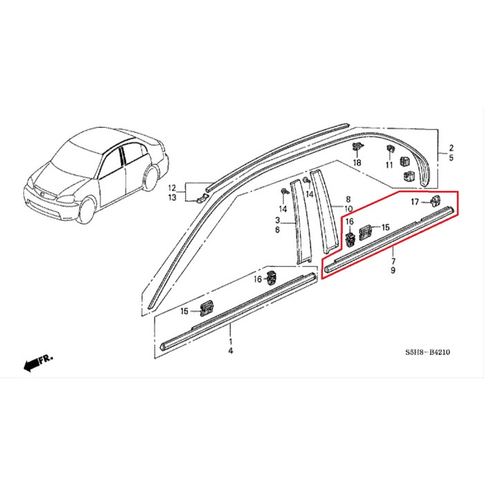 Karet Kaca / Pelipit Kaca Pintu Belakang Kanan Civic ES 2003-2005 Ori