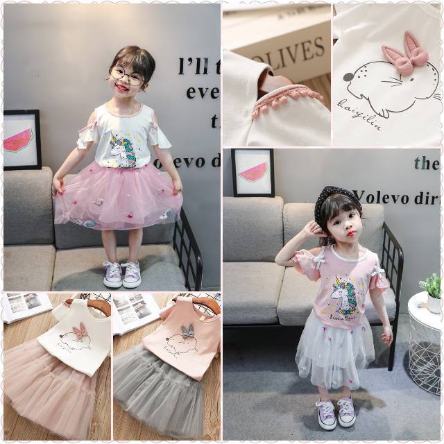 Setelan Bunny Bayi Anak Perempuan Impor / Atasan Dress Tutu Anak Cewek / Dress Bayi Newborn