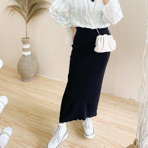 HOPYLOVY Rok Span Wanita Bahan Rajut Panjang Knitted Kayana