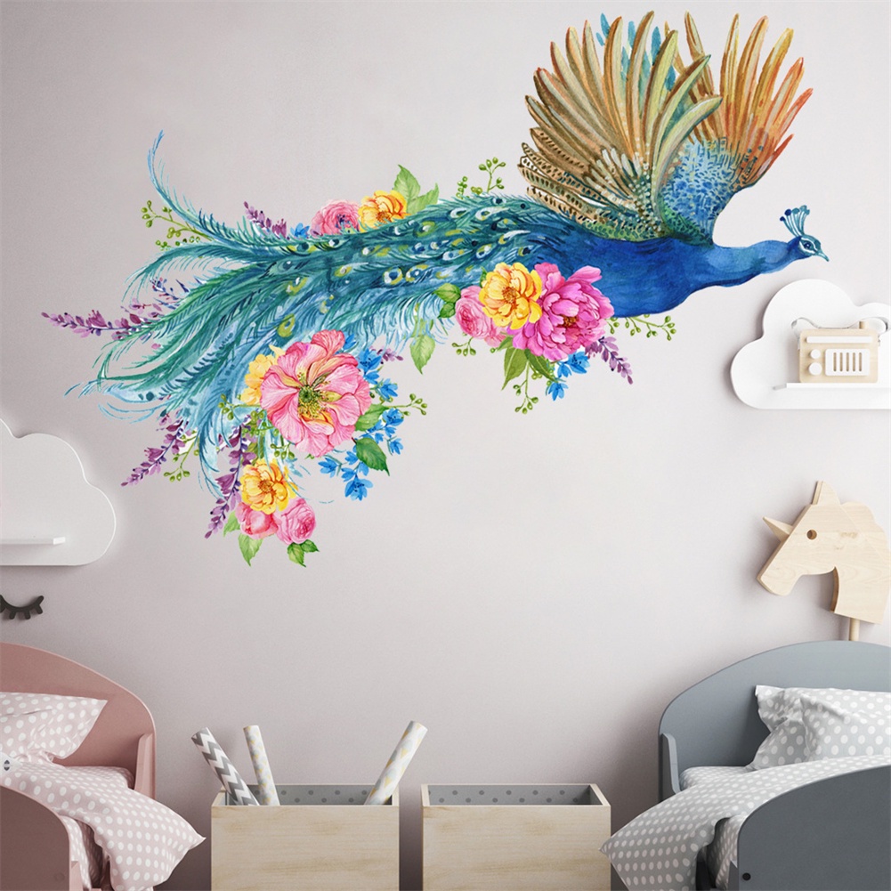 ღ 3D Terbang Warna-warni Bunga Peacock Wall Stiker Yang Dapat Dilepas Stiker Ruang Tamu Kamar Tidur Dekorasi Latar Belakang Mural Seni DecalsArt Yang Dapat Dilepas Stiker poster