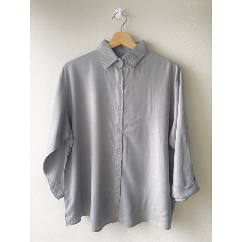 Kemeja Wanita Casual Katun Rayon Polos Cewek Lengan Panjang Scoder-Grey