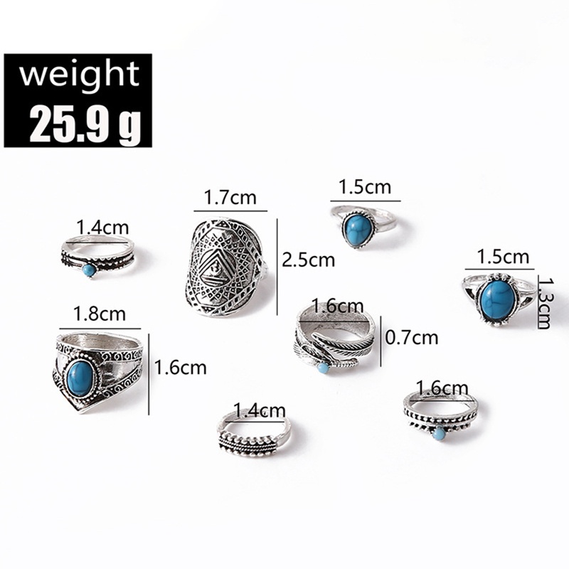 8pcs / Set Cincin Silver Antik Gaya Bohemia Dengan Batu Opal + Kristal Untuk Pria / Wanita