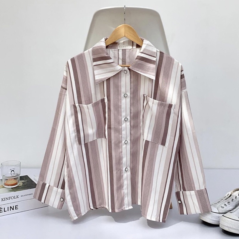 Tq88indonesia Fashion Kemeja Salur Wanita Lengan Panjang Terbaru / CERENA EARTHY TOP SHIRT / Kem / Hem Cewek / Ootd / Outfit Kekinian