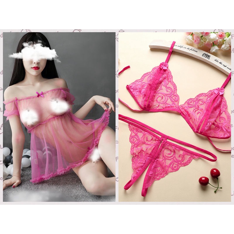 Set Lingerie Wanita Sexy transparan Strapless blus Renda Mini babydoll Baju tidur+Open Bikini A506-1