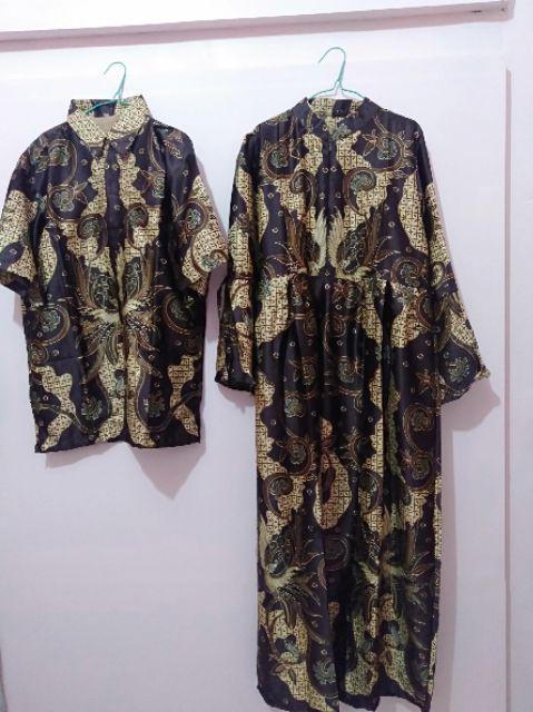 2923 Couple Gamis Semi Sutera Berfuring Premium Batik Sarimbit Lebaran Kondangan Pesta Bata Peach