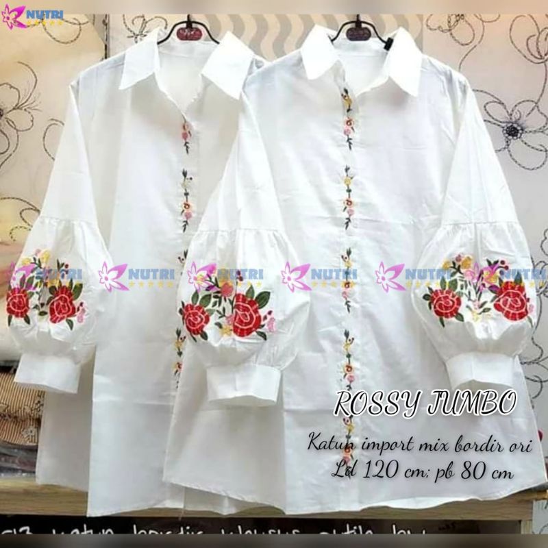 Rossy White Tunik Balon Panjang Putih Polos Katun Import Bordir Bunga Ld 120 Jumbo Fit XXL Busui Kan