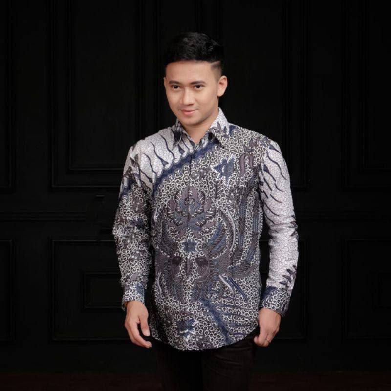 Batik Pria Lengan Panjang BATIK AZMIL HRB026 motif KERATONAN Kode 002 size M L XL XXL Reguler-Slempang abu