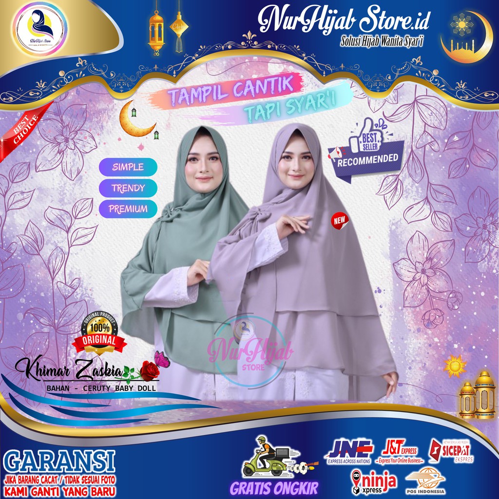 Hijab Jilbab Kerudung Khimar Zaskia Wanita Cantik Syari Ceruty Motif 2 Layer Pet Jumbo Murah Terbaru