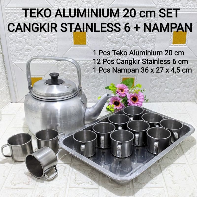 TEKO ALUMINIUM 20 CM SET CANGKIR STAINLESS 6 + NAMPAN