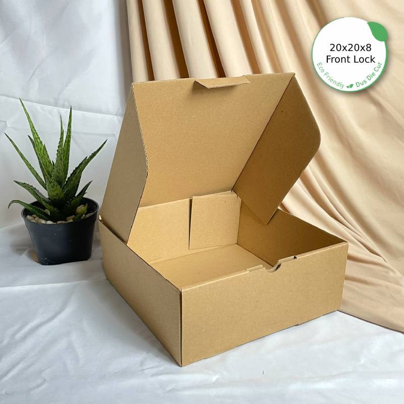

Dus Packing 20x20x8 Die Cut Front Lock - Karton Box Kardus Eco-Friendly Pizza Kue Hijab Baju Hampers
