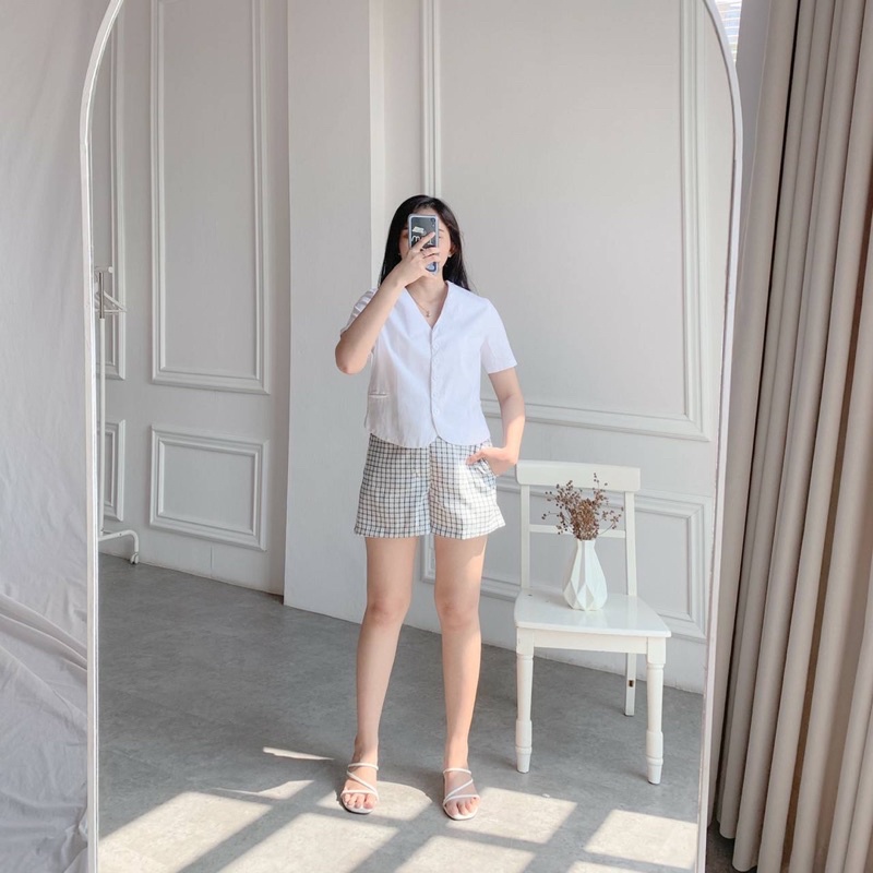 KOZZA TOP BAJU ATASAN BLOUSE WANITA LENGAN PENDEK BAHAN KATUN COTTON V NECK VNECK POLOS TOSCA ROUGE DARK PINK GREYISH BLUE ORANGE PUMPKIN WHITE BLACK-6