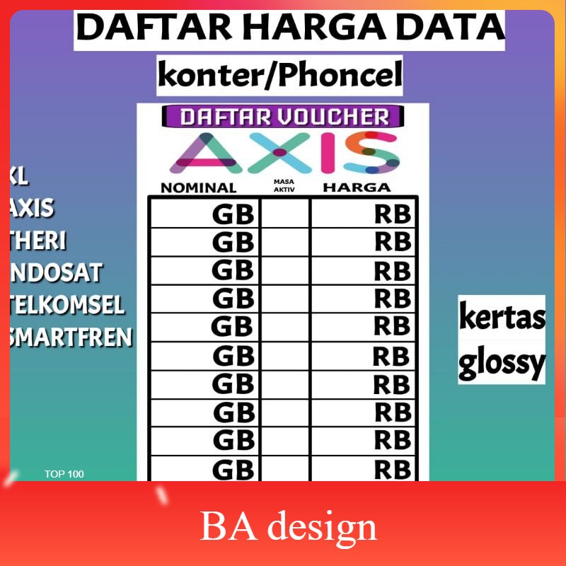 

KERTAS DAFTAR HARGA PRUDUK PAKET DATA KONTER PHONCEL NEW 20 - BA Design