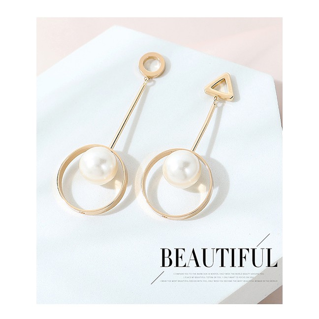 LRC Anting Tusuk Fashion Gold Color Pearl Triangle Round Five-pointed Star Alloy Stud Earrings Y6482