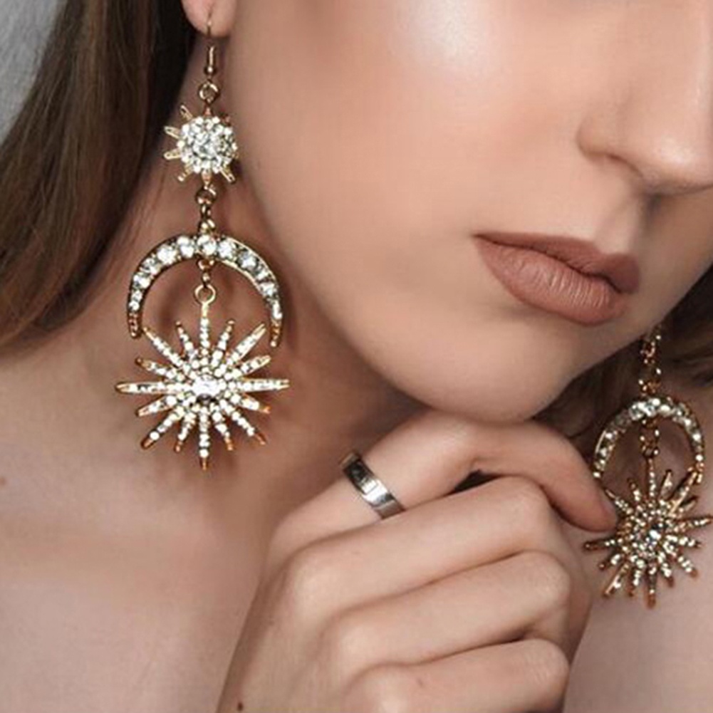 Hu Hu Hu Hu Hu Alat Bantu Pasang Kacamata♡ Anting Kait Gantung Statement Desain Bulanmatahari Hias Berlian Imitasi Gaya Mewahboho Berkilau Untuk Wanita