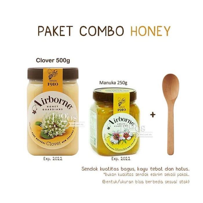 

Paket COMBO: Clover Honey 500gr+Manuka 250gr+sendok kayu Madu Ai