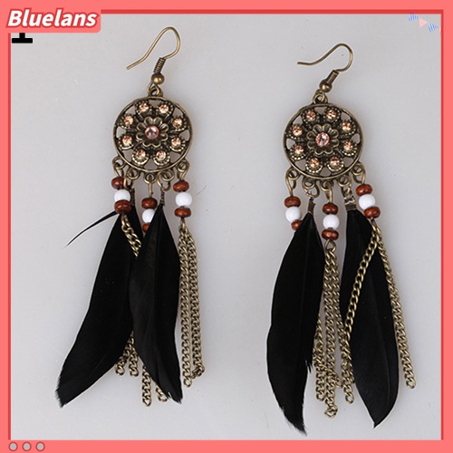 Anting Kait Gantung Panjang Desain Dream Catcher Aksen Rumbai Bulu Gaya Vintage Etnik Bohemia Untuk Wanita