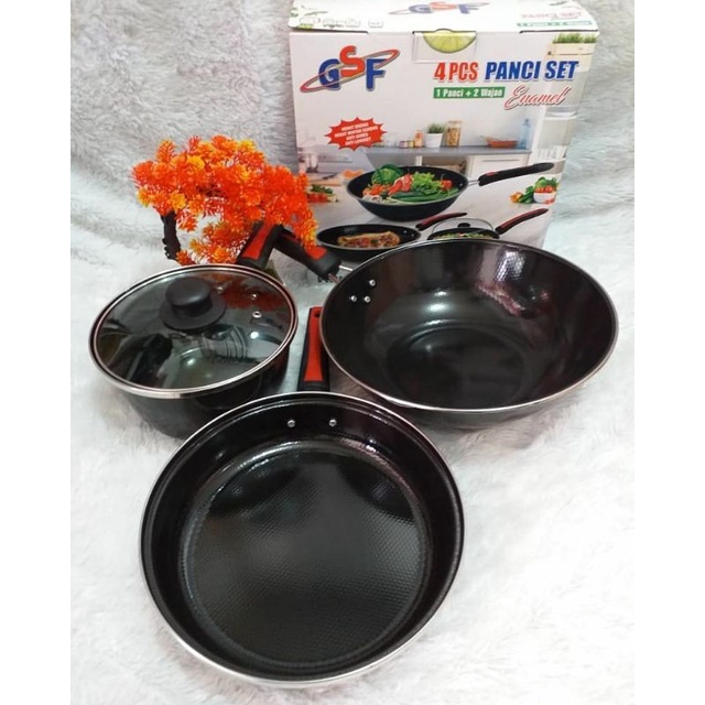 panci set gsf enamel isi 3 panci +1 tutup kaca