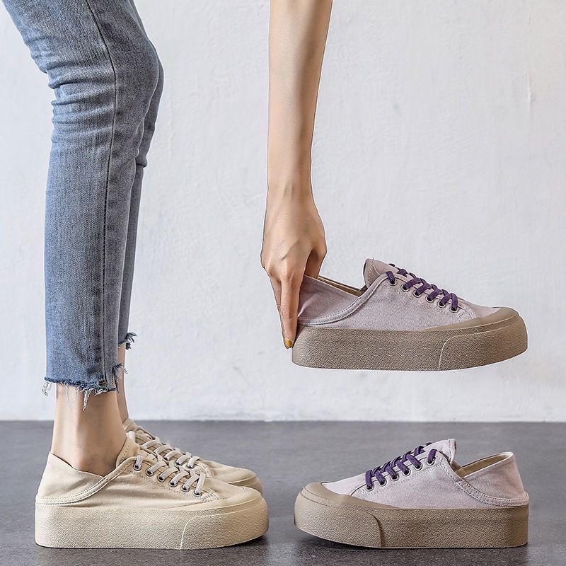 Sneakers Wanita Canvas Putih Slip On Simple Sepatu Kanvas Wanita Import Motif Garis Sol Tebal Kekinian