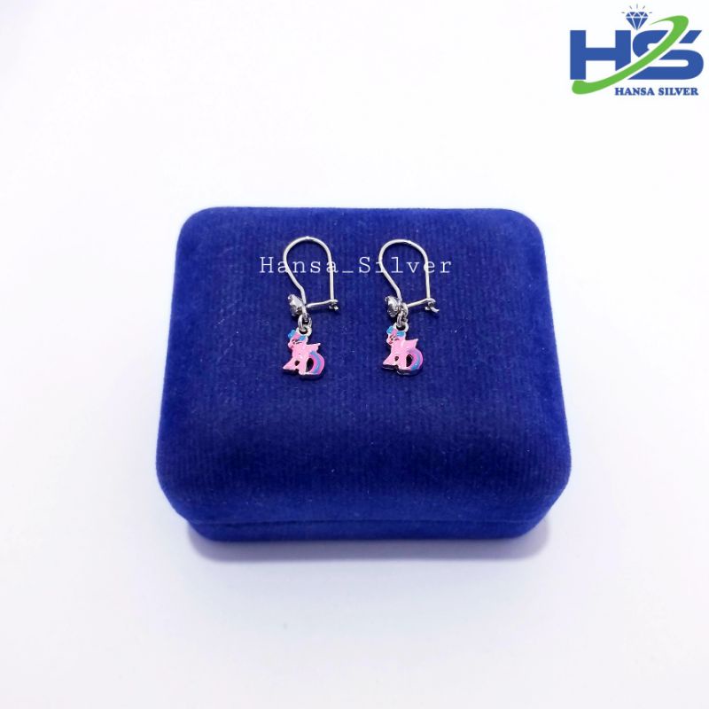 Anting Perak Anak Asli Silver 925 Lapis Emas Putih Model Kuda Poni Cat Pink Dan Ungu