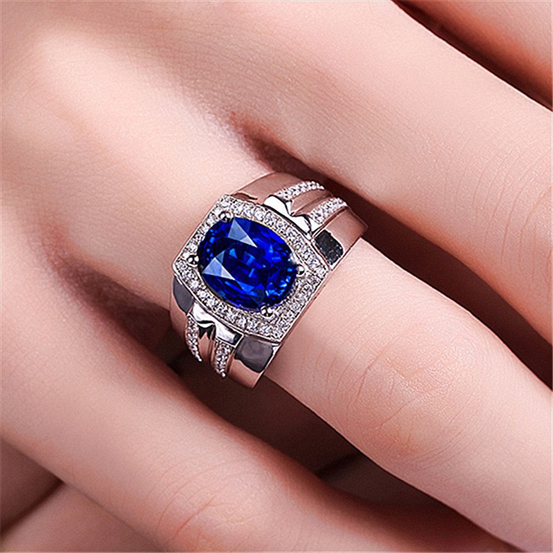 Cincin Tunangan dengan Batu Biru Putih untuk Pria