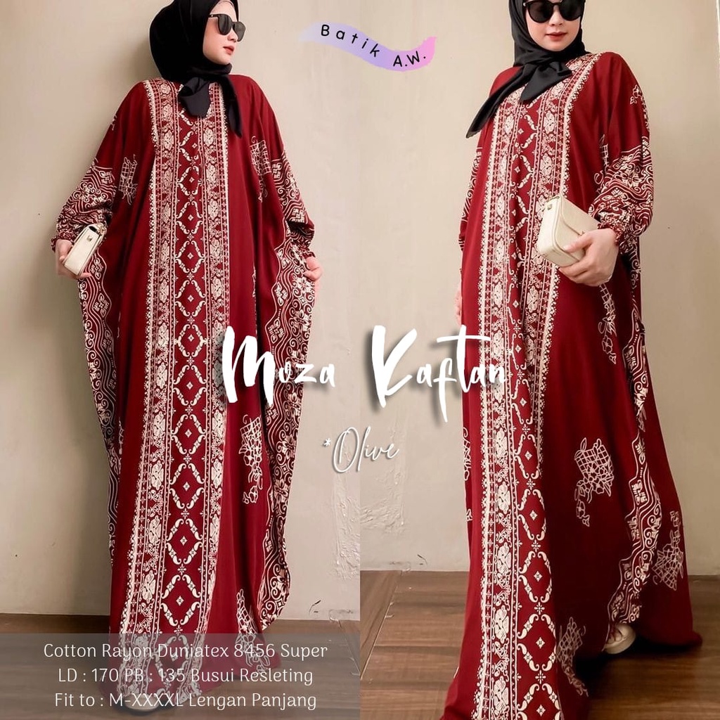 Batik A W - Kaftan Batik Wanita Jumbo Maksi Motif Moza Kaftan Busui Resleting Lengan Panjang Gamis Rayon Terbaru Kaftan Jumbo