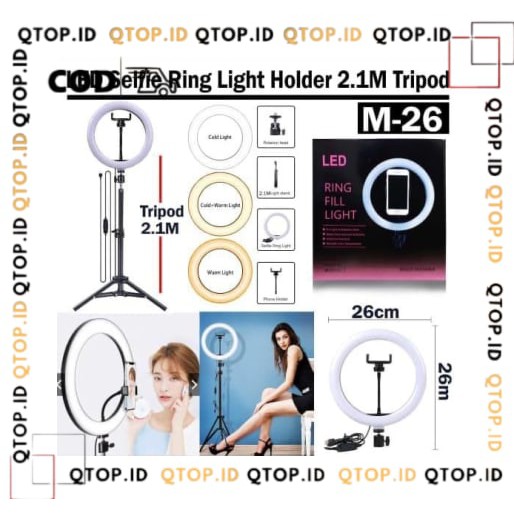 Paket Ring Light Led Lampu 26cm + Tripod 2.1M Make Up Vlog Lampu Ring light [Qtop.id]