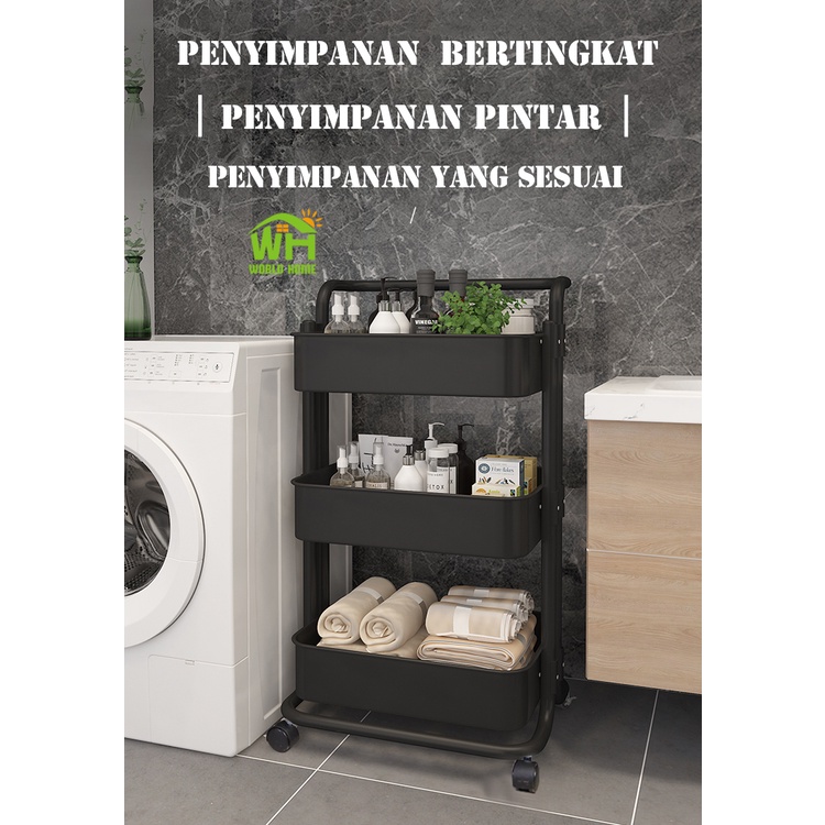 Rak Troli Tiga Susun Serbaguna Kamar Tidur Dapur Kamar Mandi dengan Roda dan Pegangan GOSHOP88