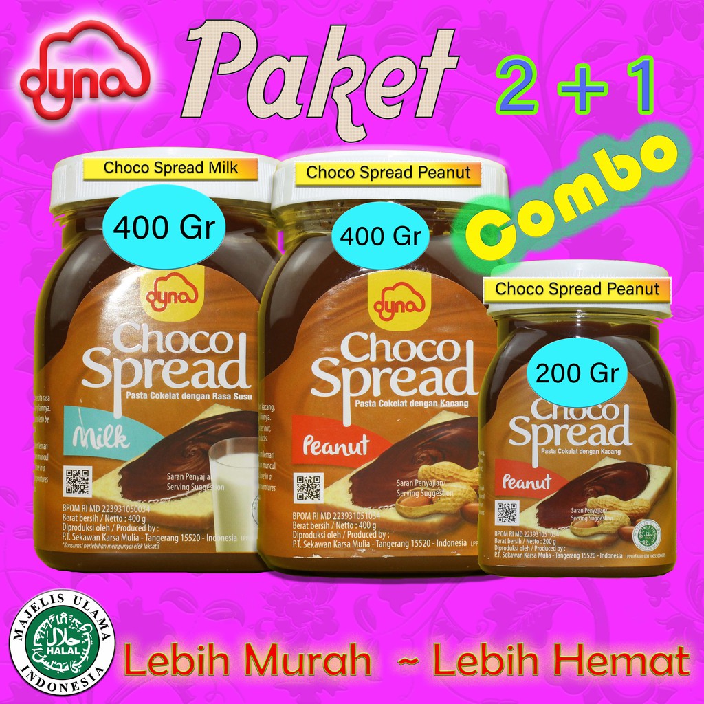 

Selai Roti/Selai Coklat Kacang/Selai Coklat Susu Dyna Choco Spread Paket 2+1 Combo ( Varian ke 3 )