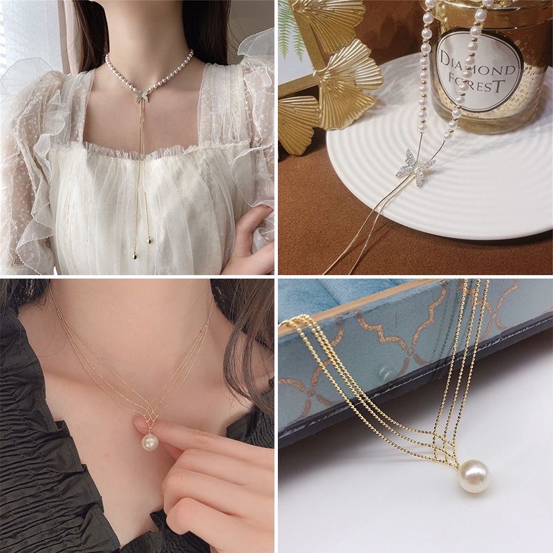 Kalung Rantai silver s925 adjustable Liontin Kupu-Kupu Hias Mutiara Gaya Korea Untuk Wanita