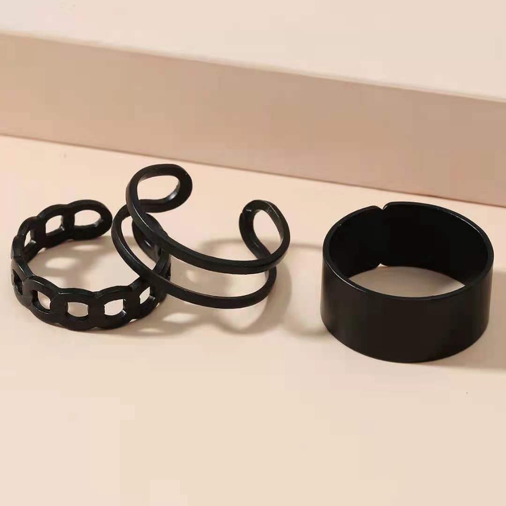 3pcs / Set Cincin Model Terbuka Warna Hitam Gaya Punk Korea