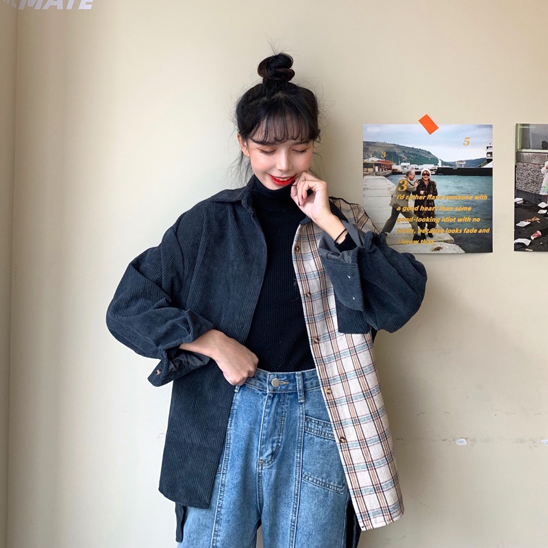 Kemeja Wanita Corduroy Atasan Lengan Panjang Kotak-kotak Blouse Korea Style Oversize Shirt