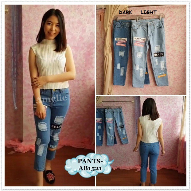  Celana  Denim  Boyfriend  Ripped Jeans  Sobek  Wanita Korea 