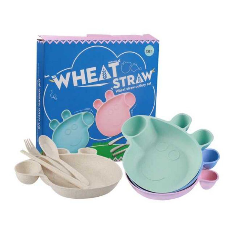 Piring Makan Set Anak Piggy Bahan Wheat Straw Food Grade / Tempat Makan Anak Bahan Jerami