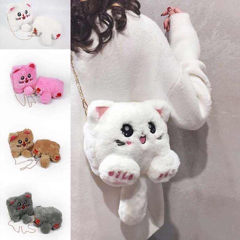 Tas Selempang Boneka Kucing FYKACU Tas tali rantai Tas bulu korean style