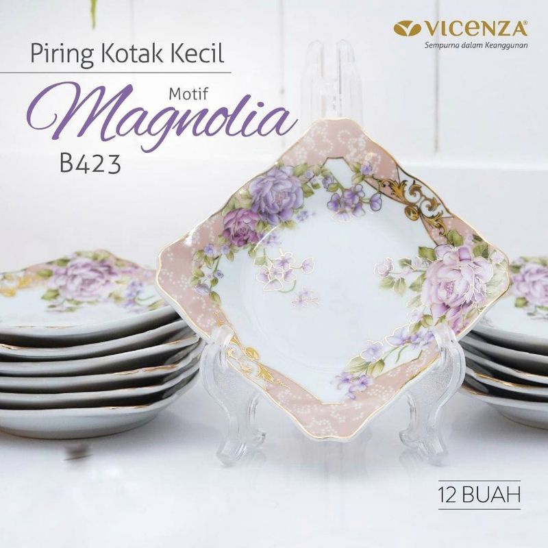 PIRING KOTAK KECIL/PIRING KUE VICENZA 12 PCS MOTIF MAGNOLIA, MELATI & PADI