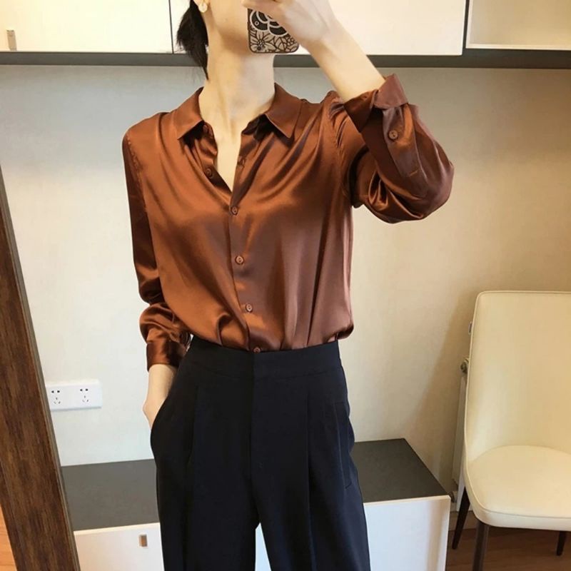 Zero~ 2520 Adella Silk Satin Plain Shirt//Atasan Kemeja &Blouse Wanita//Fashion Import-Brick