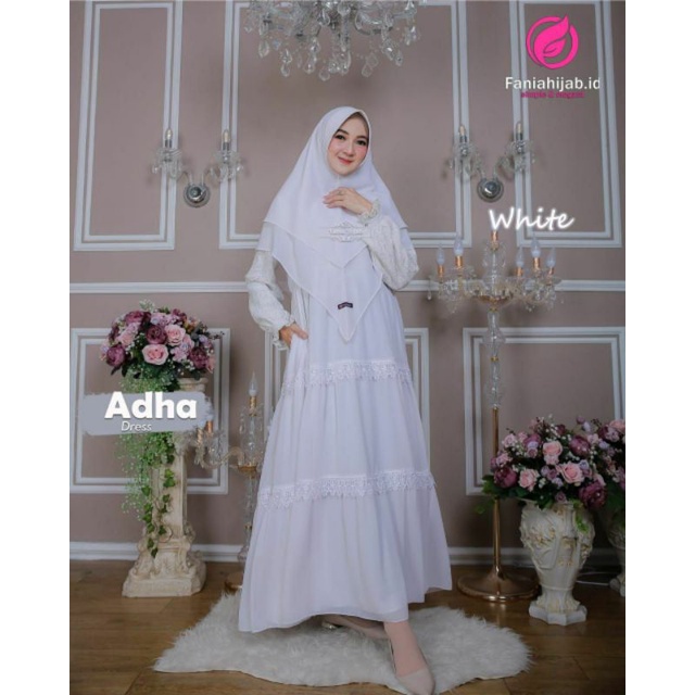Adha dress/Gamis syari putih/Gamis syari brukat putih/Gamis putih/Dress putih/fania hijab