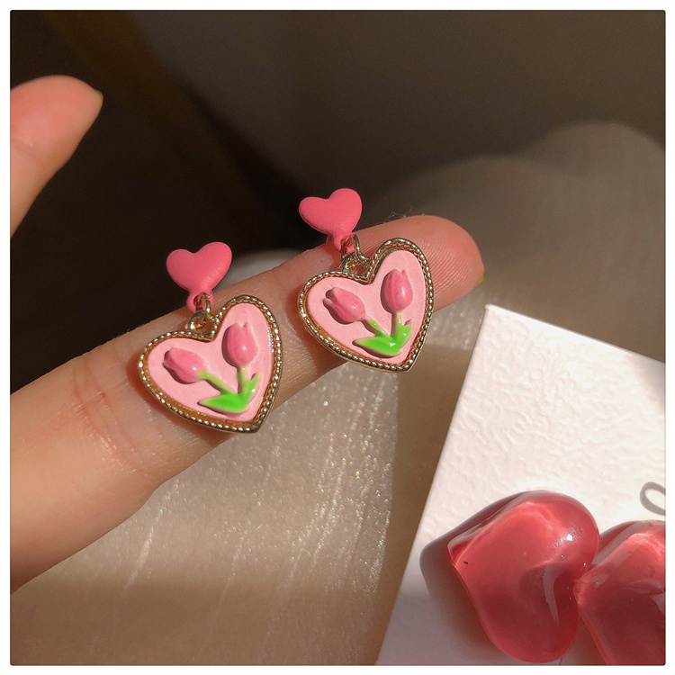 IFYOU Anting Stud Desain Bunga Hati Warna Pink Gaya Vintage Korea Untuk Wanita