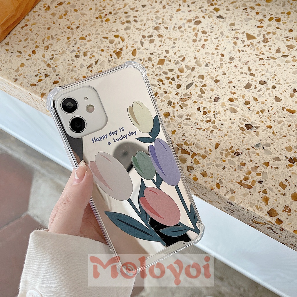 Soft Case Tpu Motif Bunga Tulip Dengan Cermin Untuk IPhone 11 Pro Max 7 8 13 11 12 Pro Max 7 Plus 8 Plus X XS Max XR SE 2020