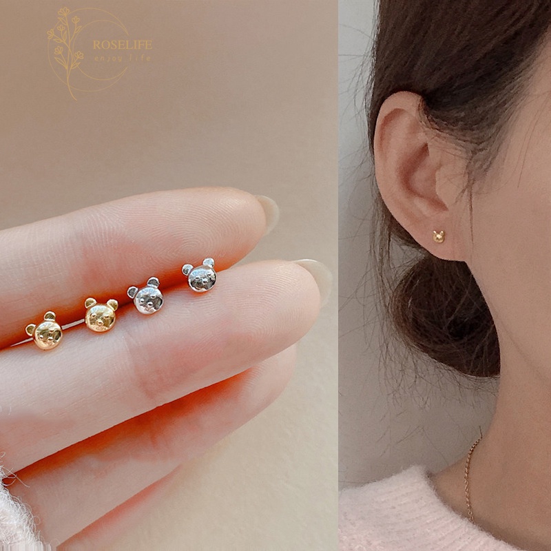 1 Pasang Anting Stud Desain Beruang Kecil Bahan S925 Silver Anti Alergi Gaya Korea Untuk Wanita