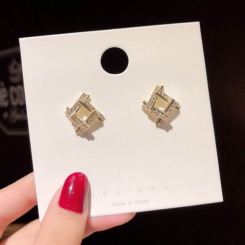 Anting Tusuk Sterling Silver 925 Desain Geometri Hias Kristal Berlian Imitasi Simple Untuk Wanita