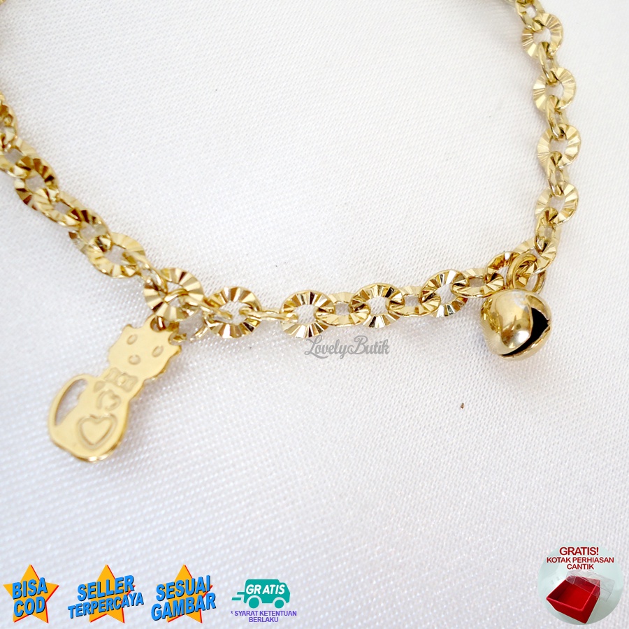 Lovelybutik Gelang Anak Perempuan Titanium Asli Anti Karat Gelang Tangan Anak Kitten Kecil Krincingan Rantai Nori Donat Ukuran 15 Cm BONUS TEMPAT PERHIASAN