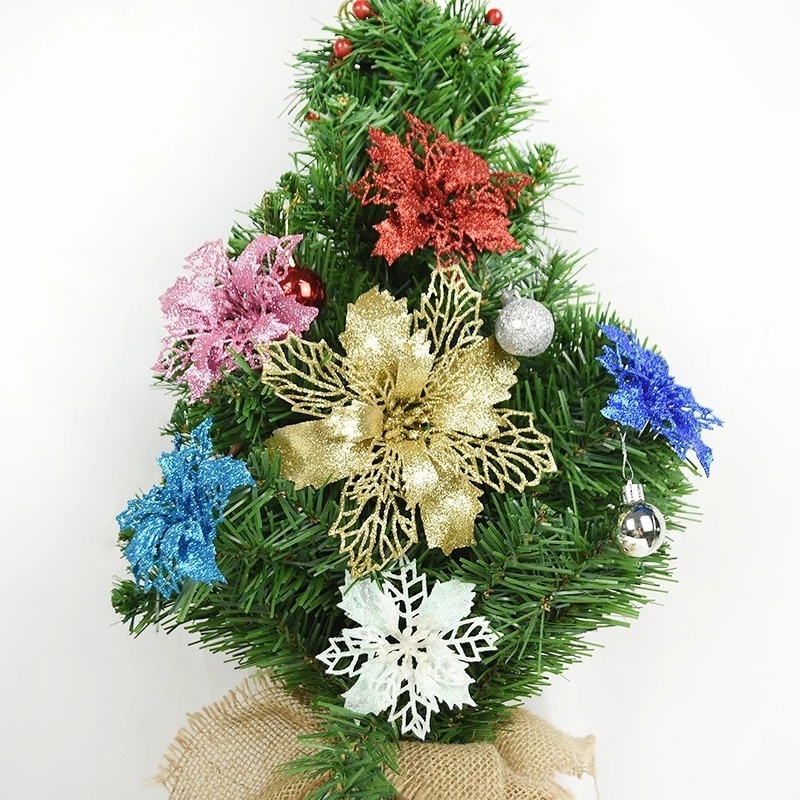 Hollow Christmas Flower Xmas Pohon Ornamen Produk Natal Bunga Buatan Warna-Warni Dengan Glitter Dekorasi Pesta Festival Musim Semi